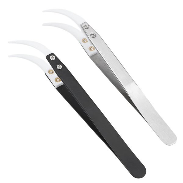 ⁦Curved Tips Tweezers Stainless Steel Handle Ceramic Tips High Temperature Resistant Anti-static⁩ - الصورة ⁦2⁩